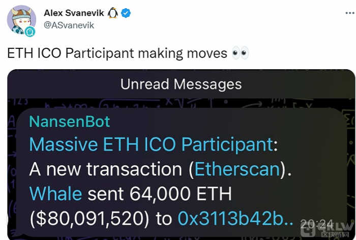 某以太坊ICO参与者地址移动6.4万枚ETH