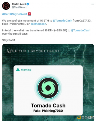 标记为“Fakb_Phishing7960”的账户地址向Tornado Cash转入10枚BTH