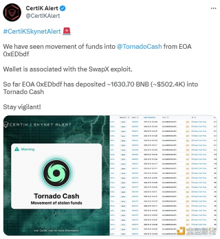 BOA账户地址 0BDbdf 已将资金转至Tornado Cash